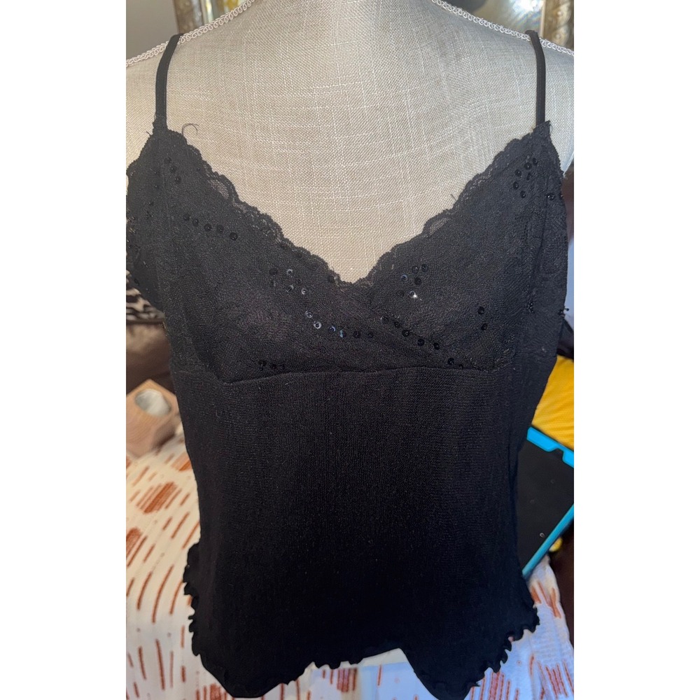 Y2K  Black Sequin Lace Trim Camisole Top Plus Size 1x(2X)Lettuce Hem Cami